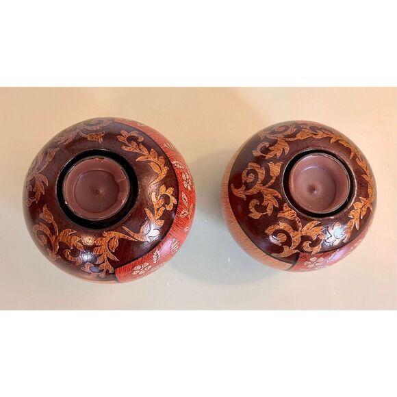 Vintage Wooden Oval Floral Raised Relief Earthtones Candle Holder Lot of 2 - Picture 3 of 9